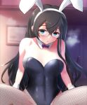  1girl animal_ears black_hair black_leotard bow bowtie breasts breath commentary_request cowboy_shot fishnet_pantyhose fishnets green_eyes hhh_(wave) kantai_collection leotard long_hair looking_at_viewer ooyodo_(kancolle) out-of-frame_censoring pantyhose playboy_bunny purple_bow purple_bowtie rabbit_ears semi-rimless_eyewear small_breasts solo spread_legs under-rim_eyewear 