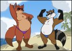  2022 anthro brown_body canid canine clothing detailed_background disney duo dutch_(artist) eyewear fox gideon_grey male mammal outside overweight overweight_male palm_tree plant procyonid raccoon sunglasses swimwear tree water zootopia 
