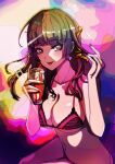  1girl absurdres bikini black_hair dead_or_alive earrings highres jewelry long_hair looking_at_viewer midriff nyotengu okota_(pixiv) pink_eyes solo swimsuit tongue tongue_out 