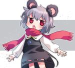  animal_ears bangs black_footwear capelet cookie_(touhou) crystal dowsing_rod dress grey_background grey_dress grey_hair grey_skirt grey_vest jewelry layered_clothes long_sleeves looking_to_the_side mouse_ears mouse_girl nyon_(cookie) open_mouth pendant red_eyes red_scarf scarf shirt short_hair simple_background skirt skirt_set socks vest white_background white_capelet white_shirt xox_xxxxxx 