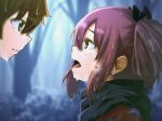  1boy 1girl bangs black_bow black_scarf blurry blurry_background bow brown_eyes brown_hair chuunibyou_demo_koi_ga_shitai! eye_contact forest from_side hair_bow looking_at_another nature open_mouth outdoors parted_lips purple_hair scarf takanashi_rikka tears teeth togashi_yuuta tongue tree tro_illust0821 wet 
