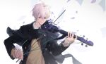  1boy bishounen doran_(doran7280) flower highres idolish_7 instrument long_sleeves looking_at_viewer male_focus music osaka_sougo playing_instrument purple_eyes purple_flower short_hair solo violin white_hair 