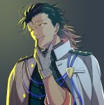  1boy black_hair fate/grand_order fate_(series) gloves glowing glowing_eyes gradient_hair green_jacket grey_background hair_slicked_back hair_strand hand_on_own_face jacket jacket_on_shoulders kimiruun long_hair looking_at_viewer low_ponytail male_focus multicolored_hair parted_lips sakamoto_ryouma_(fate) sakamoto_ryouma_(lancer)_(fate) sleeves_past_elbows smirk solo upper_body white_gloves white_jacket yellow_eyes 