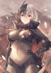 1girl armored_gloves azur_lane black_cape black_gloves black_hair bodystocking breasts bruenhilde_(azur_lane) cape covered_navel gloves hair_between_eyes hand_on_hip high_collar highres impossible_clothes large_breasts multicolored_hair red_eyes sea_nami solo split-color_hair two-tone_hair white_hair 