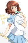  1girl artist_request blue_sailor_collar blue_skirt blush brown_eyes brown_hair dated eating food hand_up happy_birthday hibike!_euphonium highres holding holding_food kitauji_high_school_uniform looking_at_viewer looking_back neckerchief oumae_kumiko pink_neckerchief pleated_skirt popsicle sailor_collar school_uniform serafuku shirt short_hair short_sleeves simple_background skirt solo uniform white_background white_shirt 