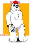  absurd_res anthro black_claws blue_eyes chest_tuft claws clock digital_media_(artwork) eyewear fangs feet fluffy fluffy_chest fur glasses gregg_(cooltexan57) hair happy hi_res looking_at_viewer male mammal neck_tuft nude polar_bear red_hair simple_background smile solo teeth thick_thighs tuft ursid ursine vash_art watch white_body white_fur 