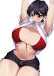  1girl absurdres arms_up bangs bikini black_hair blueorca blush breasts breasts_apart clothes_in_mouth clothes_lift curvy gym_shorts highres komi-san_wa_komyushou_desu komi_shuuko large_breasts mature_female mole mole_on_breast mouth_hold narrow_waist navel purple_eyes red_bikini shiny shiny_clothes shiny_hair shiny_skin shirt_in_mouth shirt_lift short_hair shorts solo swimsuit thick_thighs thighs white_background wide_hips 