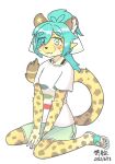  2022 anthro blue_hair blush breasts cheetah clothed clothing digital_media_(artwork) felid feline female fur green_eyes hair hi_res inner_ear_fluff looking_at_viewer mammal sibuleisi simple_background solo spots spotted_body spotted_fur tuft yellow_body yellow_fur 