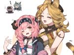  3girls :d ;d animal_ears arknights bare_shoulders black_bow black_hairband black_headwear black_jacket blue_bow bow braid breasts brown_eyes brown_hair brown_shirt cat_ears cat_girl cat_tail chibi chibi_inset cleavage cleavage_cutout closed_eyes clothing_cutout ear_grab fang floppy_ears flying_sweatdrops goldenglow_(arknights) grani_(arknights) grey_hair hair_bow hairband hat highres horse_ears horse_girl id_card jacket lanyard lightning_bolt_print long_hair long_sleeves mabing multicolored_clothes multicolored_jacket multiple_girls one_eye_closed open_mouth pink_hair print_bow print_hairband quercus_(arknights) shirt simple_background single_braid skin_fang sleeveless sleeveless_shirt smile tail two-tone_jacket upper_body visor_(armor) visor_lift white_background white_shirt 