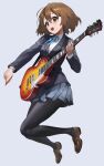  1girl :d bangs black_pantyhose blazer blue_jacket blue_ribbon blue_skirt blush brown_eyes brown_footwear brown_hair commentary_request electric_guitar full_body guitar highres hirasawa_yui holding holding_instrument instrument jacket jumping k-on! loafers long_sleeves looking_at_viewer neck_ribbon open_mouth pantyhose pleated_skirt ribbon sakuragaoka_high_school_uniform school_uniform shirt shoes short_hair skirt smile solo teeth ttk_(kirinottk) upper_teeth white_shirt 