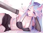  1girl absurdres animal_ears artist_name black_shirt black_shorts blue_eyes blue_hair blush breasts chaisia_art cherry_blossoms cleavage commentary detached_sleeves english_commentary fang fishnet_sleeves fishnets hand_on_own_cheek hand_on_own_face heart highres large_breasts long_hair looking_at_viewer multicolored_hair navel one_eye_closed open_mouth pink_hair shirt shorts silvervale skin_fang thigh_strap virtual_youtuber vshojo wolf_ears wolf_girl 