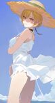  1girl absurdres black_choker blonde_hair blue_sky breasts choker contrail dress hat highres idolmaster idolmaster_shiny_colors looking_at_viewer looking_to_the_side medium_breasts outdoors saijo_juri sky solo starshell straw_hat sundress white_dress 
