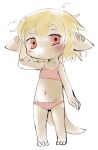  adult_(lore) anthro bamfear blonde_hair blush bra brown_body claws clothed clothing doneru female hair hi_res looking_at_viewer messy_hair navel panties scratching_head simple_background solo tany_(doneru) underwear underwear_only white_background young 