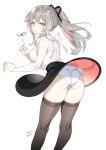  1girl ass banned_artist black_skirt black_thighhighs breasts green_eyes grey_hair highres infinity leaning_forward looking_at_viewer looking_back midori_foo original panties ponytail skirt sleeveless solo thick_thighs thighhighs thighs turning_head underwear upskirt 