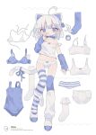  1girl absurdres ahoge animal_ears artist_name asymmetrical_legwear bangs bare_shoulders bikini bikini_removed blue_bra blue_eyes blue_ribbon blue_sleeves blue_swimsuit blue_thighhighs bra bra_removed camisole cat_ears cat_girl cat_tail choker collarbone copyright daizu_(melon-lemon) dated detached_sleeves dress-up full_body hair_bobbles hair_ornament highres holding holding_hair layered_legwear looking_at_viewer medium_hair mismatched_legwear multiple_panties name_tag one-piece_swimsuit one_side_up original panties panties_around_one_leg panties_removed parted_lips polka_dot polka_dot_bra price_tag ribbon ribbon_choker school_swimsuit shoes simple_background sleeves_past_wrists socks socks_removed solo striped striped_panties striped_thighhighs swimsuit swimsuit_removed tail thighhighs underwear uwabaki white_background white_bikini white_camisole white_footwear white_hair white_panties white_socks 