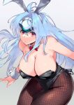  1girl android animal_ears bare_shoulders blue_hair breasts bunny_day cleavage fishnets forehead_protector highres kos-mos large_breasts leotard long_hair looking_at_viewer negresco pantyhose red_eyes simple_background solo very_long_hair xenosaga 