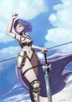  1girl absurdres armor ashitoini0627 bangs bikini bikini_armor braid breasts cape closed_mouth commentary_request grey_bikini highres jun_(princess_connect!) medium_breasts navel official_alternate_costume one_eye_closed parted_bangs princess_connect! purple_cape purple_eyes purple_hair short_hair smile solo standing swimsuit sword thigh_strap waist_cape weapon 