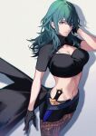  1girl alternate_costume bangs black_cape black_gloves black_shirt black_shorts blue_eyes blue_hair breasts brown_pantyhose byleth_(fire_emblem) byleth_(fire_emblem)_(female) cape cleavage_cutout closed_mouth clothing_cutout commentary dagger expressionless fire_emblem fire_emblem:_three_houses gloves hair_between_eyes knife large_breasts long_hair looking_at_viewer midriff navel panties pantyhose pantyshot sbixinsky shadow sheath sheathed shirt short_sleeves shorts simple_background solo stomach underwear weapon white_background 