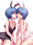  2girls animal_ears black_dress blue_hair breasts brown_eyes commentary_request cowboy_shot dress frilled_dress frills little_busters! multiple_girls nishizono_midori nishizono_mio parted_lips rabbit_ears rabbit_tail short_hair siblings sitting small_breasts tail twins white_dress zen_(kamuro) 