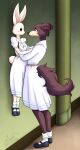  2022 against_surface against_wall anthro assertive_female beastars blush brown_body brown_fur canid canine canis clothed clothing detailed_background dress duo eye_contact female fur haru_(beastars) hi_res holding_person how_to_talk_to_short_people humor inside juno_(beastars) lagomorph larger_female leporid looking_at_another mammal meme rabbit scarlet-spectrum school school_uniform signature size_difference smaller_female smile uniform white_body white_fur wolf 