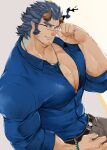  1boy alternate_costume alternate_pectoral_size bara bespectacled broken_horn casual dark_blue_hair demon_boy demon_horns facial_hair fang feet_out_of_frame fiery_horns glasses hinokumo_f horns large_pectorals long_sideburns male_focus mature_male muscular muscular_male partially_unbuttoned pectoral_cleavage pectorals scar short_hair sideburns solo stubble takemaru_(housamo) thick_eyebrows tokyo_afterschool_summoners 
