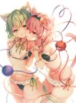  2girls animal_ear_fluff animal_ears bangs bell bikini black_hairband blush breasts cat_ears cat_tail cheek-to-cheek collarbone commentary_request finger_to_another&#039;s_cheek frilled_swimsuit frills green_eyes green_hair green_nails hairband heads_together heart heart_of_string highres holding_hands jingle_bell komeiji_koishi komeiji_satori multiple_girls narrow_waist navel open_mouth pink_eyes pink_hair sekisei_(superego51) short_hair siblings simple_background sisters small_breasts stomach string_bikini swimsuit tail thighhighs thighs third_eye touhou white_background white_thighhighs 