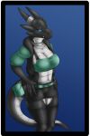  absurd_res accessory anthro bag bastiel bastiel_(character) belt bottomwear bra clothing crop_top dragon female furgonomics hi_res hotpants legwear shirt shorts solo sports_bra stockings tail_accessory tail_bag topwear underwear 