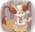  1girl animal_ear_fluff animal_ears animal_hands animal_nose apron body_fur bowl braixen brown_apron brown_background chef_hat claws clothed_pokemon commentary cooking fang flat_chest fox_ears fox_girl fox_tail frilled_apron frills fur_collar furry furry_female hands_up hat highres holding holding_bowl holding_whisk icing mixing_bowl open_mouth pokemon pokemon_(creature) red_eyes snout solo standing star_(symbol) striped striped_apron striped_background sukasshu_(mroooo) tail two-tone_fur upper_body whisk white_fur white_headwear yellow_fur 