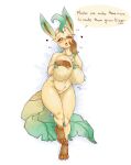  &lt;3 absurd_res anthro blush bodily_fluids breasts cladz eeveelution featureless_breasts female generation_4_pokemon hi_res leafeon looking_at_viewer mammal nintendo nude pok&eacute;mon pok&eacute;mon_(species) solo text video_games 