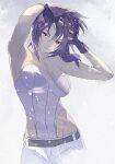  1girl armpits bare_shoulders belt breasts cleavage cofffee cowboy_shot fingerless_gloves ghost_in_the_shell gloves grey_background hair_between_eyes hand_in_own_hair kusanagi_motoko large_breasts leotard looking_at_viewer medium_hair pants pink_leotard purple_hair red_eyes solo strapless strapless_leotard white_pants 