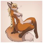  anthro areola black_nose blonde_hair breasts brown_body brown_fur canid canine eyebrows female fox fur green_eyes hair hi_res inner_ear_fluff looking_at_viewer mammal nipples nude orange_body orange_fur raaz simple_background solo tattoo tuft white_eyebrows wide_hips 