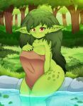  absurd_res big_breasts blush breasts female goblin green_body green_hair green_skin hair hi_res humanoid martincorps not_furry sitting solo water wet_hair 