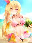  1girl bangs bare_shoulders bikini black_choker blonde_hair blue_nails blue_sky blurry blurry_background breasts brown_eyes chestnut_mouth choker cleavage collarbone commentary_request dated day depth_of_field food frilled_bikini frills fruit hair_between_eyes hair_ornament hand_up heterochromia highres horizon hoshikawa_sara kabocha_usagi long_hair looking_at_viewer medium_breasts nail_polish nijisanji ocean outdoors parted_lips pink_bikini purple_eyes purple_ribbon red_nails ribbon side_ponytail signature sky solo swimsuit very_long_hair virtual_youtuber water watermelon x_hair_ornament yellow_ribbon 