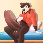  anthro balls big_penis bottomless canid canine canis celestialwolfarts clothed clothing clothing_lift disney domestic_dog erection foreskin genitals goof_troop hi_res hoodie huge_penis humanoid_genitalia humanoid_penis male mammal max_goof penis solo topwear 