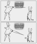  2021 anthro arthropod big_penis breasts clothing comic dialogue duo fecharis female genitals glans hi_res holding_object holding_weapon hollow_knight hornet_(hollow_knight) huge_penis insect larger_female line_art male medium_breasts motion_lines penis piekiller protagonist_(hollow_knight) robe shocked simple_background size_difference smaller_male surprise team_cherry text video_games weapon 