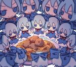  6+girls absurdres blue_bow blue_dress blue_eyes blue_hair bow cirno dress fairy food fumo_(doll) hair_between_eyes hair_bow highres ice ice_wings kame_(kamepan44231) multiple_girls multiple_persona pasta plate shirt short_hair short_sleeves simple_background spaghetti touhou white_background white_shirt wings 