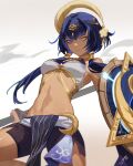  1girl bangs bare_shoulders black_shorts blue_eyes blue_hair breasts candace_(genshin_impact) circlet closed_mouth commentary dark-skinned_female dark_skin egyptian_clothes forehead_jewel genshin_impact heterochromia highres holding holding_shield jewelry looking_at_viewer medium_breasts navel necklace shield short_hair_with_long_locks short_shorts shorts sidelocks solo srro_yo stomach yellow_eyes 