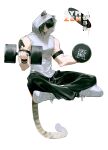  1boy absurdres alternate_costume animal_ears arknights bishounen black_hair broca_(arknights) cat_boy cat_ears cat_tail crossed_legs dumbbell floating full_body highres hood hoodie kou_zhua male_focus muscular muscular_male shoes short_hair sitting solo tail tattoo toned toned_male weights 