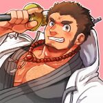  1boy bara blush chest_hair cross_scar dutch_angle facial_hair hiryuu_(hiryuuuuuuuuu) holding holding_pole houzouin_oniwaka jacket long_sideburns male_focus mature_male muscular muscular_male open_clothes open_jacket pectoral_cleavage pectorals pole portrait scar scar_on_face scar_on_forehead short_hair sideburns solo stubble thick_eyebrows tokyo_afterschool_summoners upper_body 