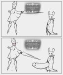  2021 anthro arthropod balls big_balls big_penis blush bodily_fluids breasts clothing comic dialogue dripping duo erection fecharis female genital_fluids genitals glans hi_res holding_object holding_weapon hollow_knight hornet_(hollow_knight) huge_balls huge_penis hyper hyper_balls hyper_genitalia hyper_penis insect larger_female male medium_breasts motion_lines nipple_outline penis piekiller protagonist_(hollow_knight) pussy_juice pussy_juice_drip robe shocked simple_background size_difference smaller_male surprise team_cherry text video_games weapon 
