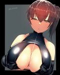  1boy 1girl :o bangs bare_shoulders black_gloves bondage_outfit breasts brown_eyes brown_hair cleavage_cutout clothing_cutout elbow_gloves gloves hair_between_eyes hetero highres kaga_(kancolle) kantai_collection katsuten large_breasts long_hair paizuri penis pov saliva saliva_trail side_ponytail simple_background twitter_username 