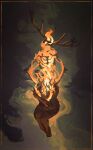  1girl anato_finnstark antlers barefoot burning commentary completely_nude curled_up english_commentary floating highres nude orange_theme original signature skeleton solo 