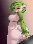  absurd_res anthro anus back_boob big_butt bodily_fluids bottomless breasts butt butt_focus clothed clothing eyelashes faejunkie female gardevoir generation_3_pokemon genitals green_hair hair hi_res humanoid nintendo nipple_outline not_furry pok&eacute;mon pok&eacute;mon_(species) pussy red_eyes smile solo spread_butt spreading sweat topwear video_games white_body white_skin 