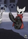  2020 anthro arthropod balls big_penis black_body black_penis black_skin breasts cloak clothing detailed_background fan_character fecharis genitals glans gynomorph hi_res holding_penis hollow_knight huge_penis humanoid_genitalia humanoid_penis hyper hyper_genitalia hyper_penis insect intersex penis piekiller red_clothing solo team_cherry vein veiny_penis video_games 