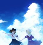  2girls :d absurdres bangs black_headwear black_skirt blonde_hair blue_sky bow brown_hair cloud collared_dress collared_shirt commentary_request cumulonimbus_cloud dress feet_out_of_frame hair_bow hat hat_bow highres holding_hands looking_at_another maribel_hearn medium_hair mob_cap multiple_girls neck_ribbon necktie open_mouth pointing profile puffy_short_sleeves puffy_sleeves purple_dress purple_eyes red_bow red_necktie red_ribbon ribbon shinketsu_kanyu shirt short_sleeves skirt sky smile touhou usami_renko white_bow white_headwear white_shirt 