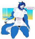  abs anthro bayleyheart biceps big_breasts blue_body blue_fur breasts canid canine canis clothing female fur hi_res hopey kneeling mammal muscular muscular_female muscular_thighs shirt solo speech_bubble t-shirt tight_clothing topwear translucent wolf 