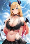  1girl absurdres arm_behind_back bangs bare_shoulders bikini bikini_skirt black_bikini black_choker blonde_hair blue_eyes blush breast_tattoo breasts choker cleavage closed_mouth demon_girl demon_horns demon_tail demon_wings highres hololive horns large_breasts long_hair looking_at_viewer navel pointy_ears red_hair roina_(effj7473) smile solo stomach swimsuit tail tattoo upper_body very_long_hair virtual_youtuber wet wings yuzuki_choco 