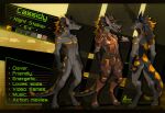  absurd_res anthro bethesda_softworks black_body black_claws black_ears black_hair black_scales brown_clothing brown_hat brown_headwear cassidy_(greater) claws clothed clothed/nude clothing digitigrade english_text fallout fangs featureless_crotch forked_tongue front_view fur gloves_(marking) grey_body grey_fur grin hair hat headgear headwear hi_res leg_markings male markings model_sheet multicolored_hair night_stalker_(fallout) nude open_mouth orange_body orange_hair orange_scales rear_view red_tongue scales smile socks_(marking) solo text tongue tongue_out two_tone_hair video_games vinyanko 