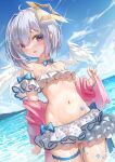  1girl absurdres amane_kanata angel angel_wings bare_shoulders beach bikini blue_hair blush body_markings breasts cloud collarbone colored_inner_hair feathered_wings flat_chest frilled_bikini frills grey_hair groin hair_between_eyes heart heart_tattoo highres hololive jacket jacket_partially_removed juu_p leg_tattoo midriff multicolored_hair navel parted_lips purple_eyes short_hair skindentation sky solo star_tattoo swimsuit tattoo thigh_strap virtual_youtuber water white_bikini wings 