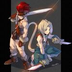  2boys artist_name asymmetrical_legwear baggy_pants bangs bare_shoulders blank_(ff9) blonde_hair blue_eyes blue_pants blue_ribbon blue_vest brown_footwear covered_eyes dagger dual_wielding fighting_stance final_fantasy final_fantasy_ix full_body fur_trim gloves grey_background grey_gloves headband highres holding holding_dagger holding_sword holding_weapon knee_pads knife male_focus monkey_tail multiple_boys nanpou_(nanpou0021) neck_ribbon one_knee over_shoulder pants parted_bangs patchwork_skin pillarboxed red_gloves red_hair ribbon scar scar_on_cheek scar_on_chest scar_on_face scar_on_leg short_hair shoulder_belt smile standing sword tail vest weapon weapon_over_shoulder wrist_cuffs zidane_tribal 